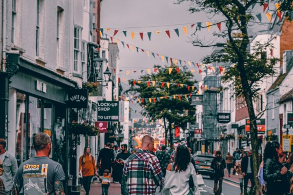 Students walking through The Lanes in Brighton city centre
